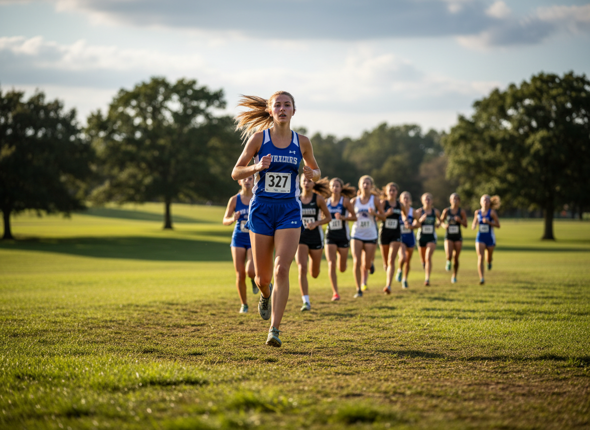 Distance runner leading the pack in a cross country race
