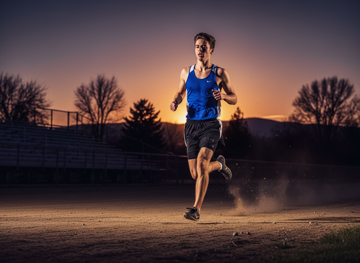 Ohio high school runner sprinting on a track at golden hour