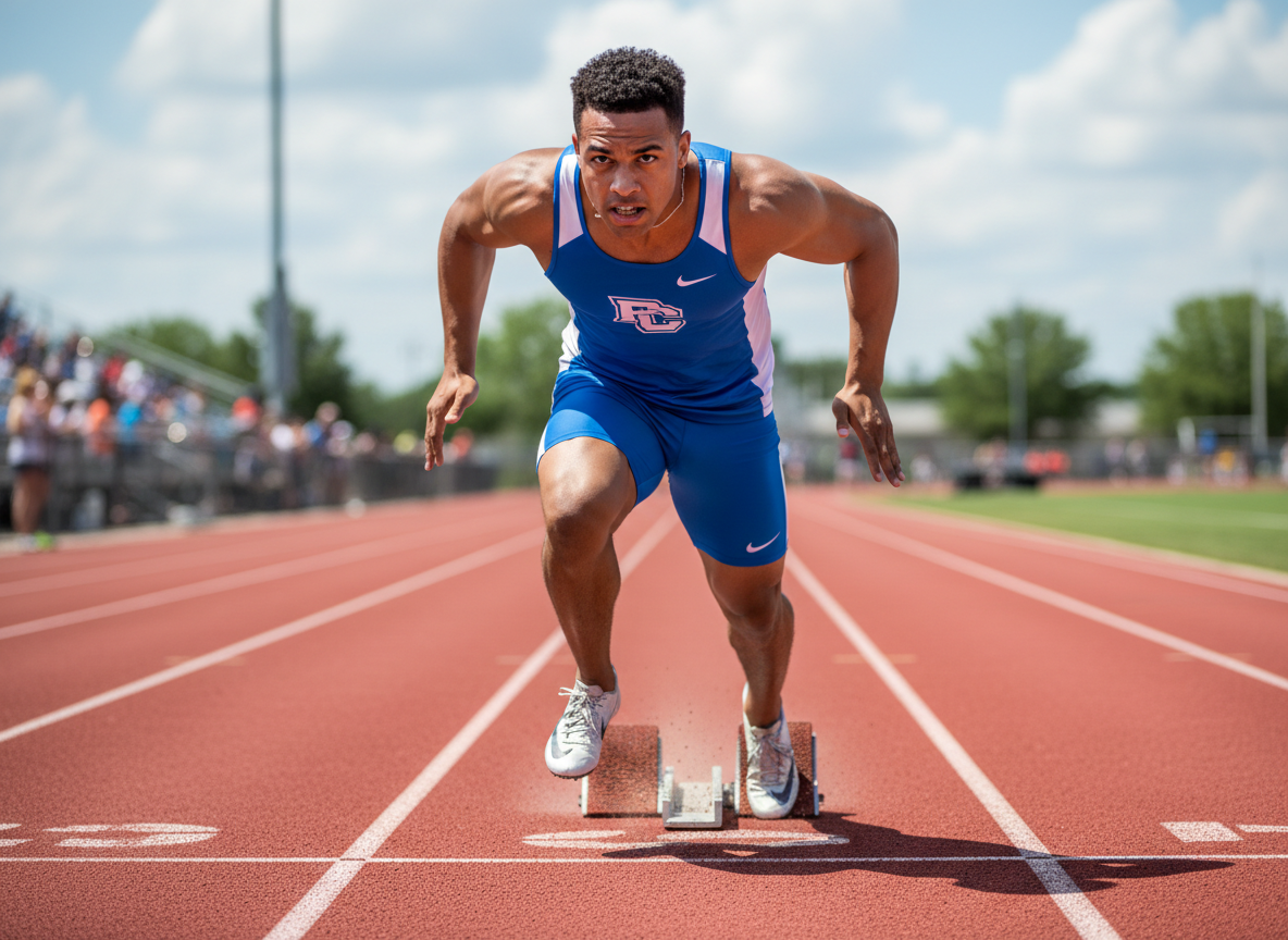 High school sprinter starting out of the blocks