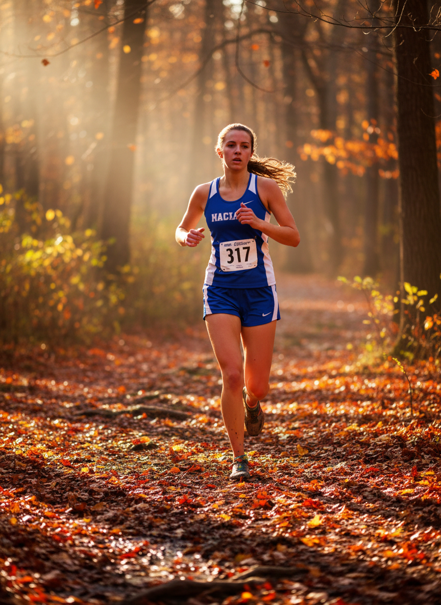 Female high school distance runner competing on a cross country course