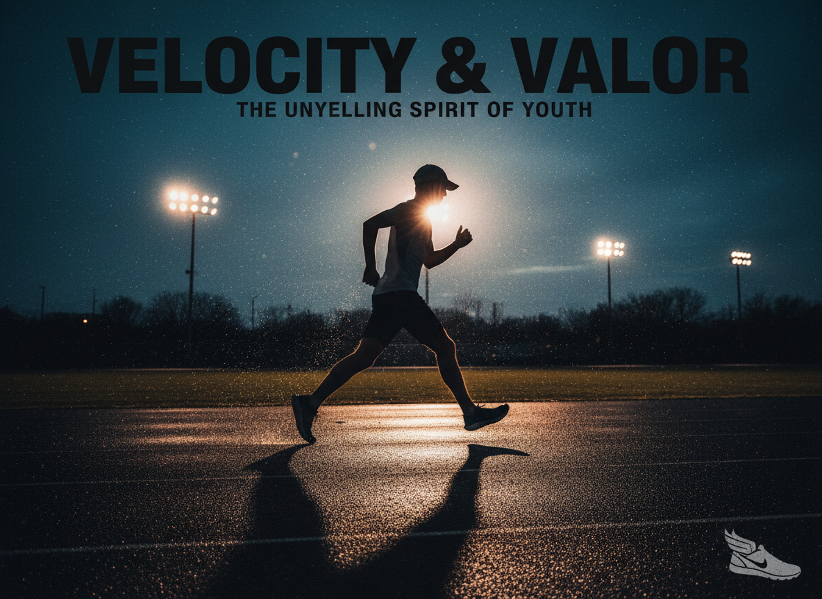 Dramatic dark editorial sports photograph of a high school distance runner mid-stride on a track at dusk, motion blur, backlit by stadium lights, high contrast cinematic moody lighting, deep shadows, magazine cover quality, athletic intensity