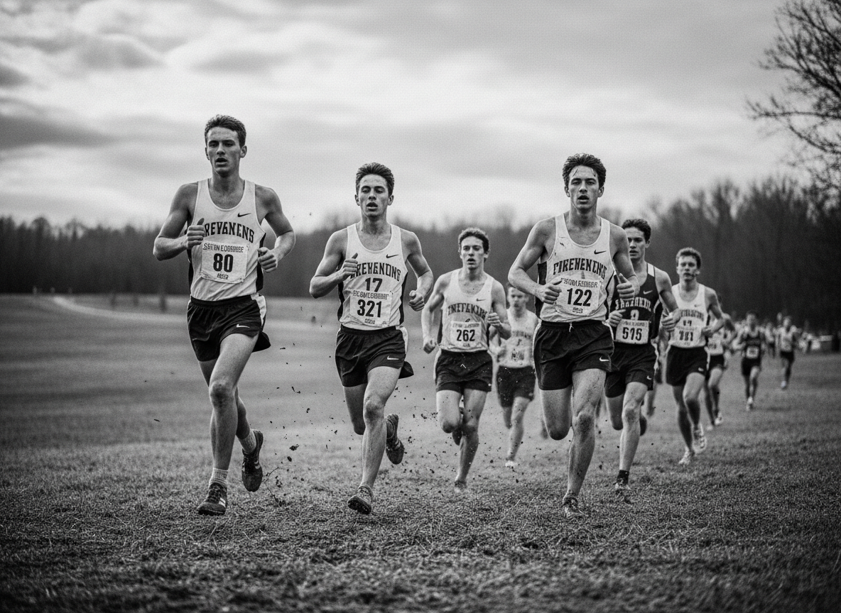 Black and white gritty documentary photograph of high school cross country runners racing through a grassy course, determined faces, dirt and effort, editorial sports journalism style, high contrast dramatic lighting
